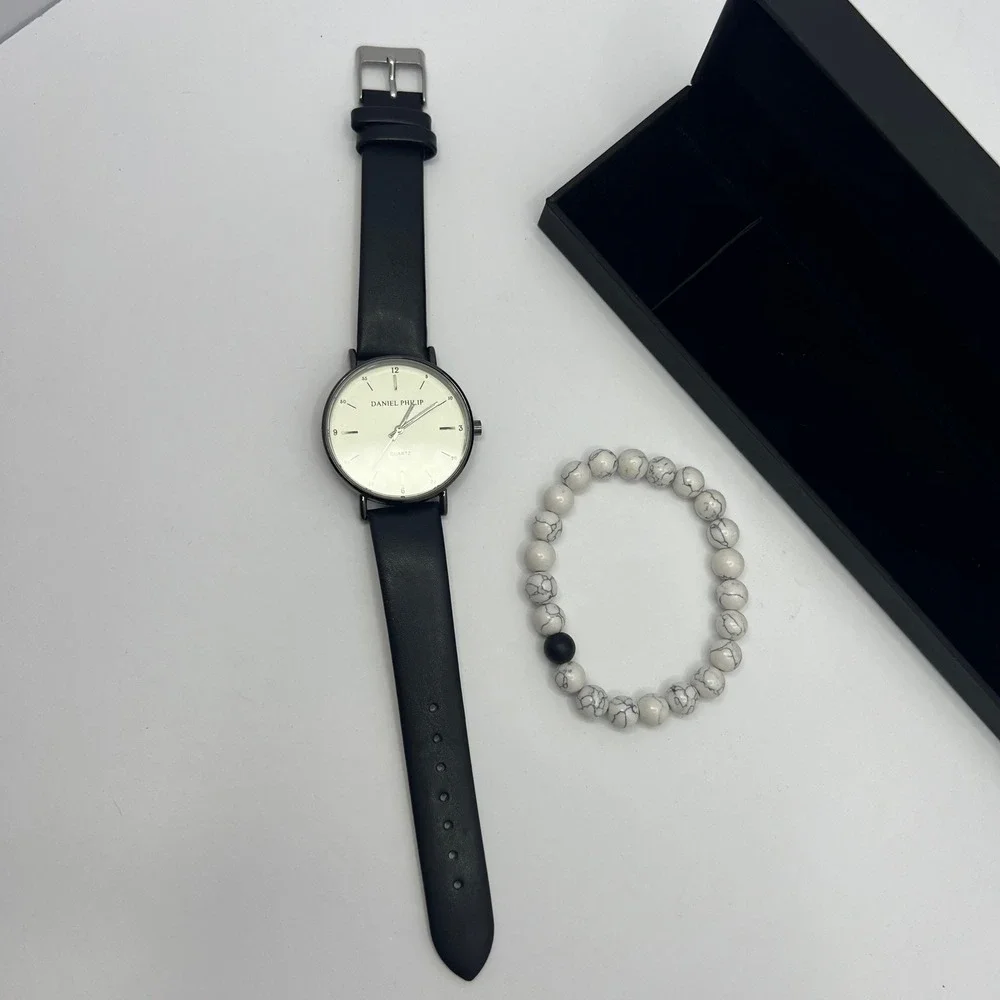 Daniel Philip Black Quartz Watch Mens Leather Band Howlite Bracelet Gift Set